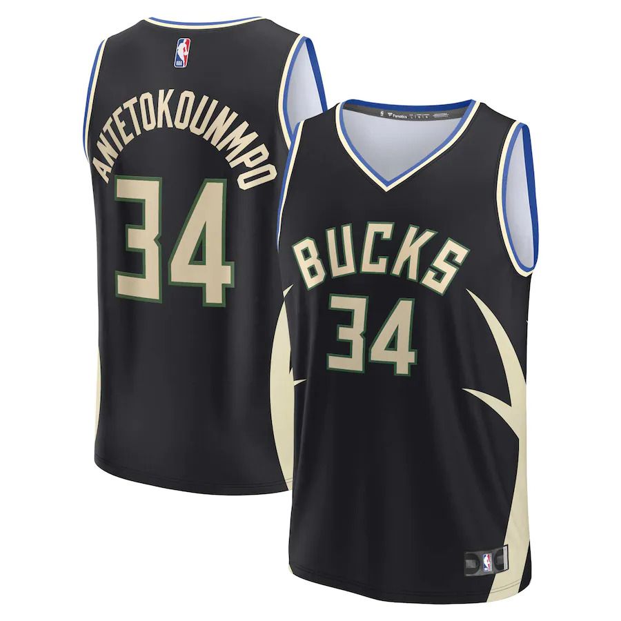 Men Milwaukee Bucks 34 Giannis Antetokounmpo Fanatics Branded Black Statement Edition 2022-23 Fast Break Replica Player NBA Jersey